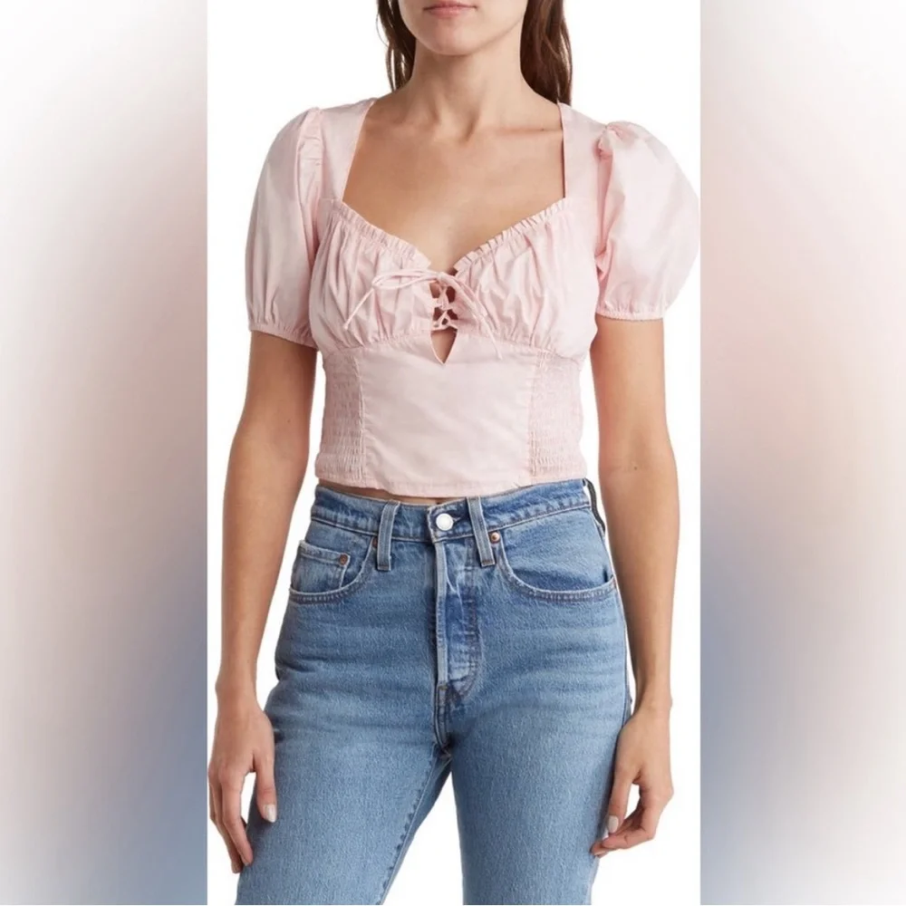 ASTR Blush Pink Puff Sleeve Crop Top Puff Sleeve Smocked Poplin Blouse preppy‎ S